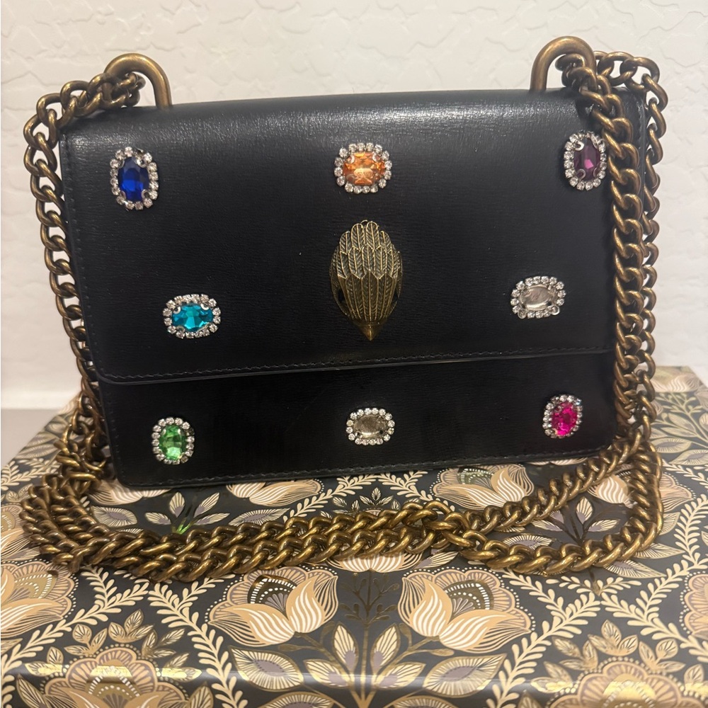 Kurt Geiger Elegant Black Leather Bag with Gold Chain and Jewels